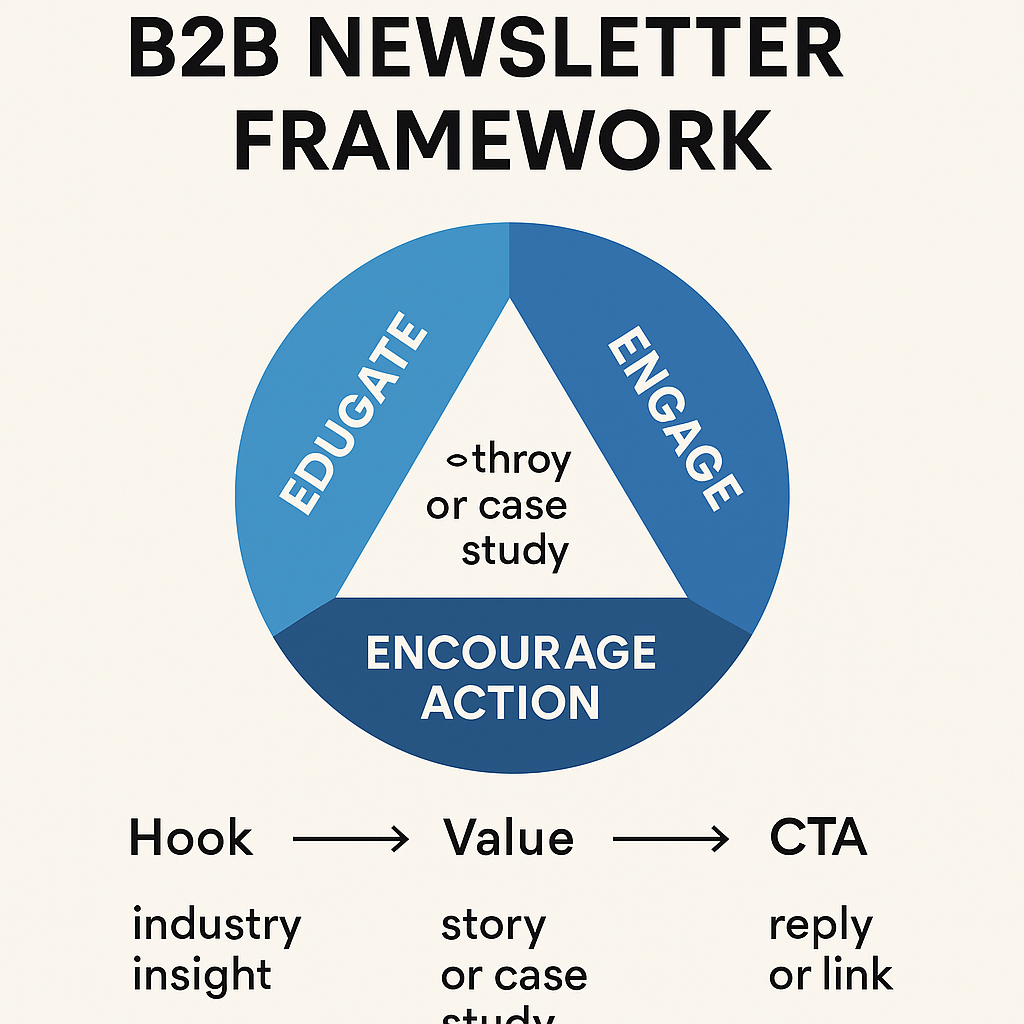 Infographic of the B2B newsletter marketing framework showing Educate, Engage, Encourage Action cycle with Hook, Value, CTA flow examples.