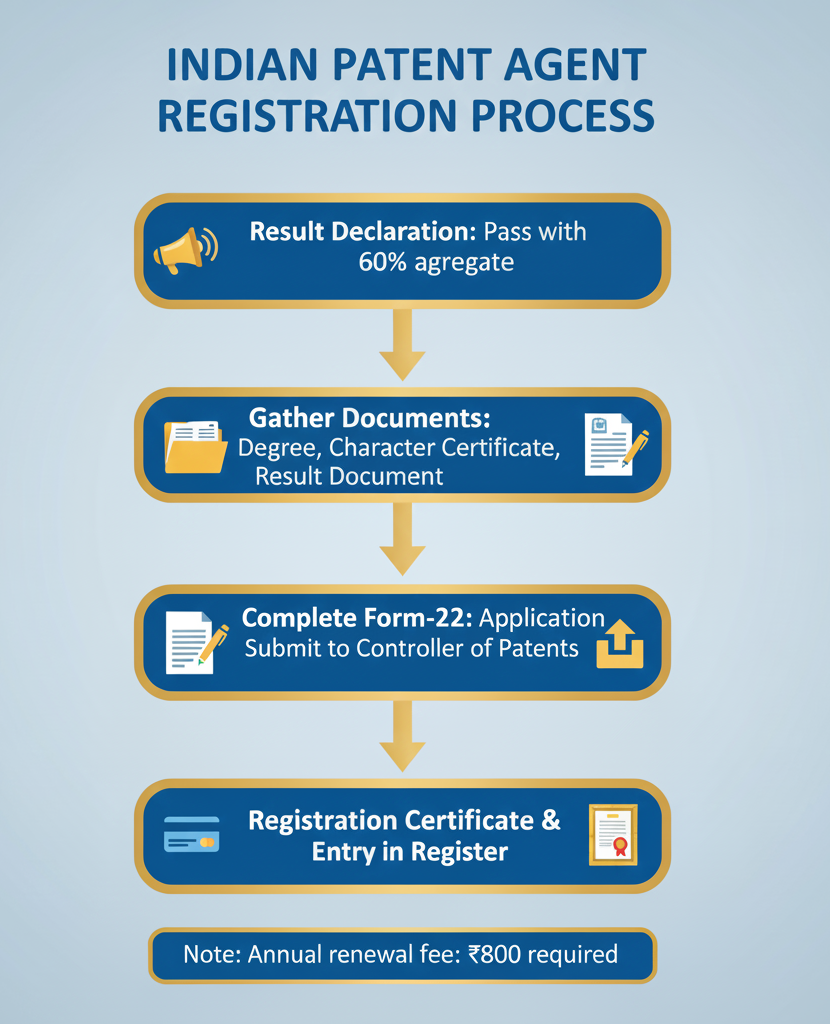 Registration flowchart for Patent Agent showing steps from exam result to final registration certificate