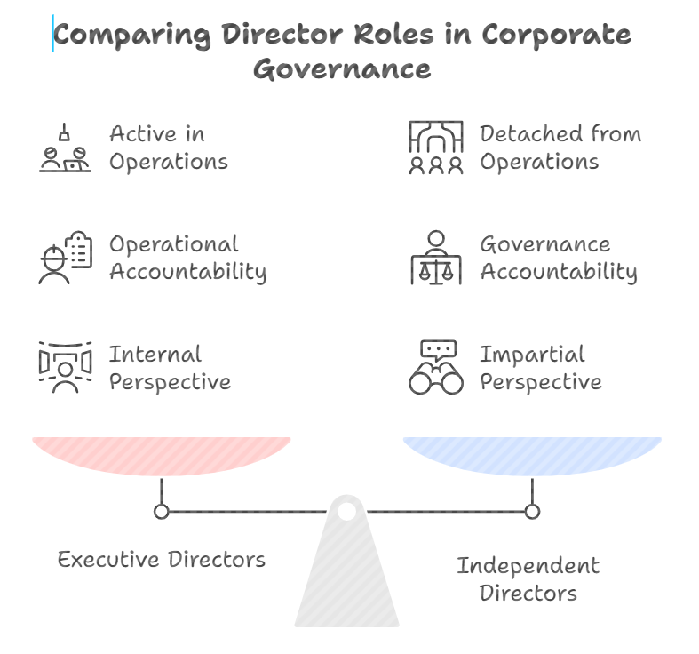 What is an Independent Director – comparison of executive and independent directors in corporate governance showing accountability and operational roles.