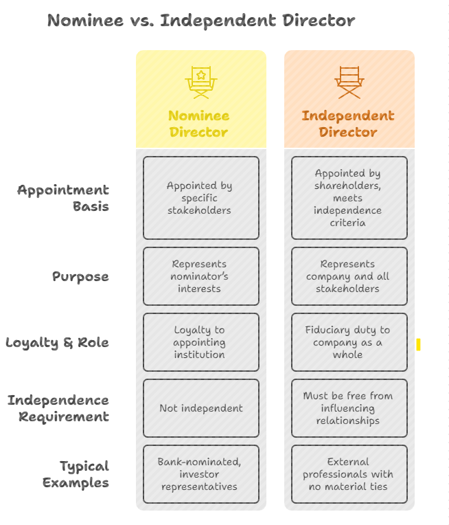 An Independent Director is one who acts for all stakeholders, unlike nominee directors representing specific interests.