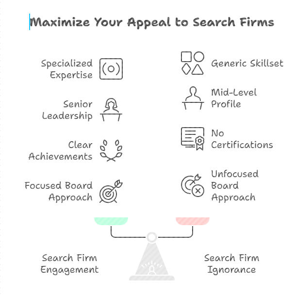 Infographic showing how to improve Independent Director Job prospects by highlighting expertise, leadership, and board focus.
