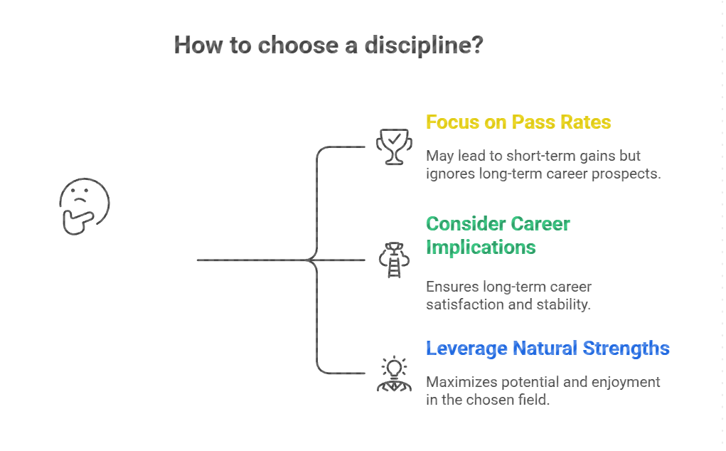 "Infographic explaining how to choose a CPA exam discipline, highlighting three factors: focusing on pass rates, considering career implications, and leveraging natural strengths, with icons and a clean minimal design."
