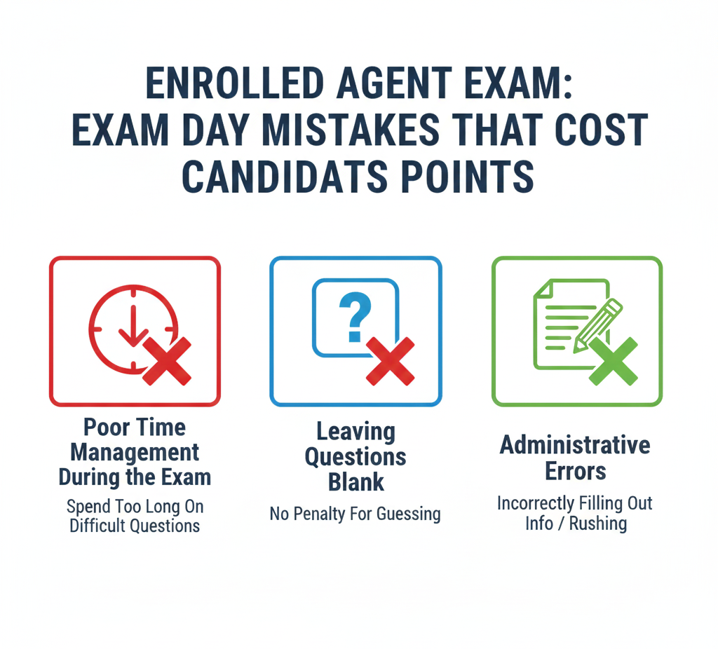 "Infographic illustrating critical exam day mistakes that cost candidates points on the Enrolled Agent Exam, including poor time management, leaving questions blank, and administrative errors.