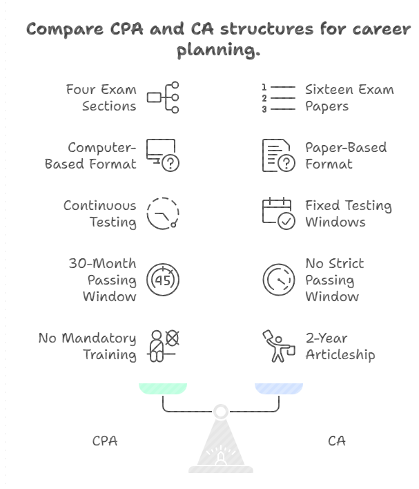 CPA vs CA structure comparison showing sections, duration, and format differences for Indian candidates.