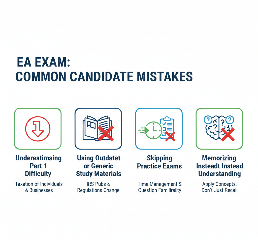 "Infographic detailing common candidate mistakes on the Enrolled Agent Exam, including underestimating Part 1 difficulty, using outdated study materials, skipping practice exams, and memorizing instead of understanding concepts