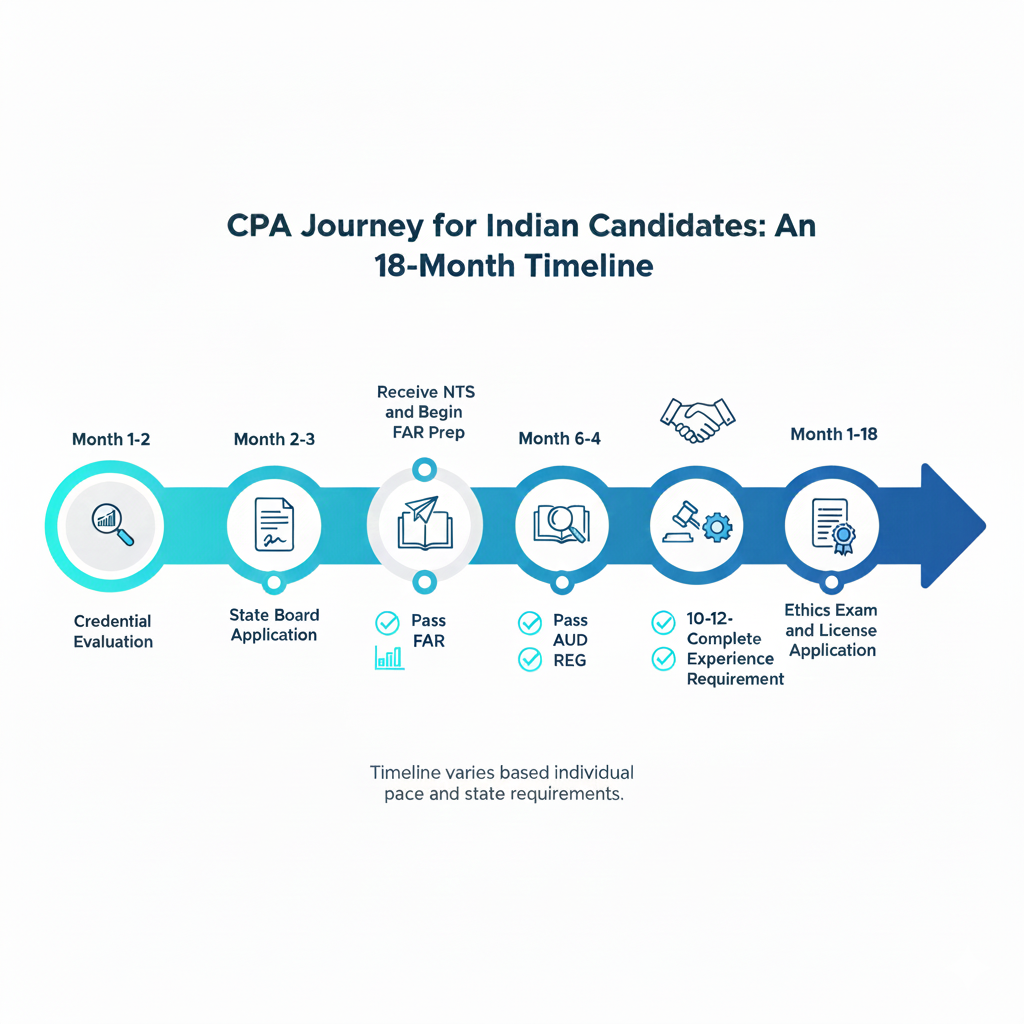 CPA Exam journey timeline infographic for Indian candidates showing months 1-18 from credential evaluation through licensing