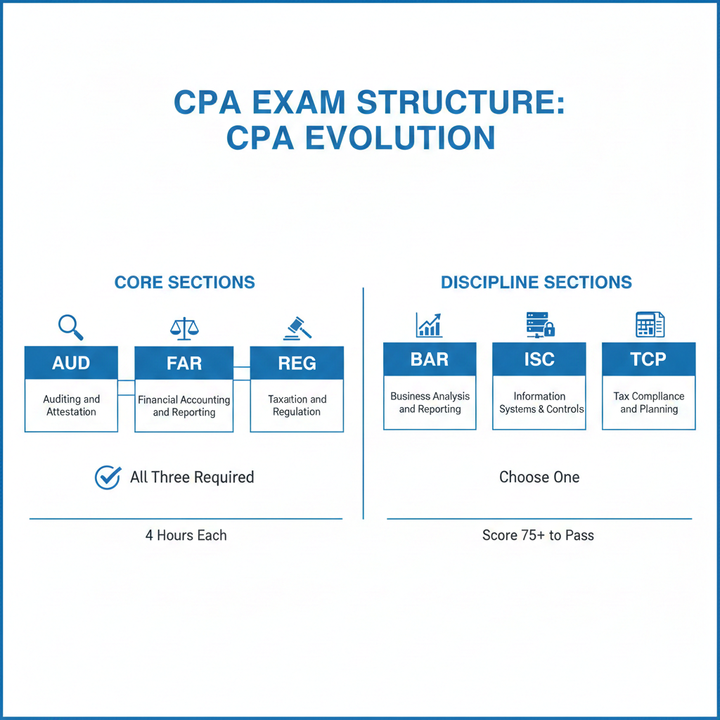 CPA Exam structure infographic showing three Core sections (AUD, FAR, REG) and three Discipline section choices (BAR, ISC, TCP) under CPA Evolution 2024