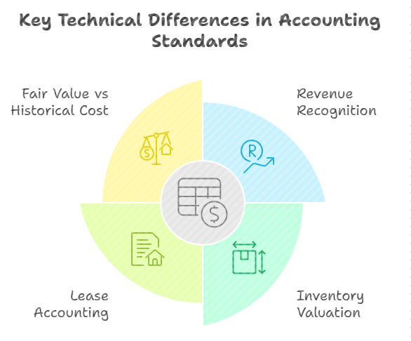 GAAP accounting standards overview showing revenue recognition, inventory valuation, lease accounting, and fair value concepts.