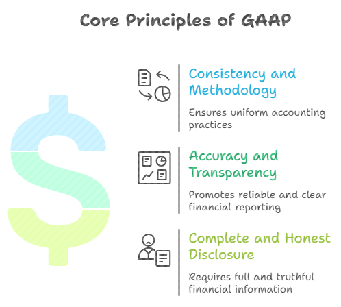 Core principles of GAAP including consistency, accuracy, transparency, and full disclosure in financial reporting.