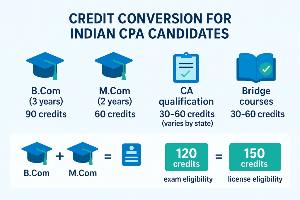Infographic showing US CPA credit calculation for Indian qualifications including B.Com, M.Com, CA, and bridge courses