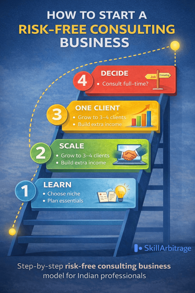 Step-by-step risk-free consulting business model showing how professionals start consulting with one client and scale to multiple clients
