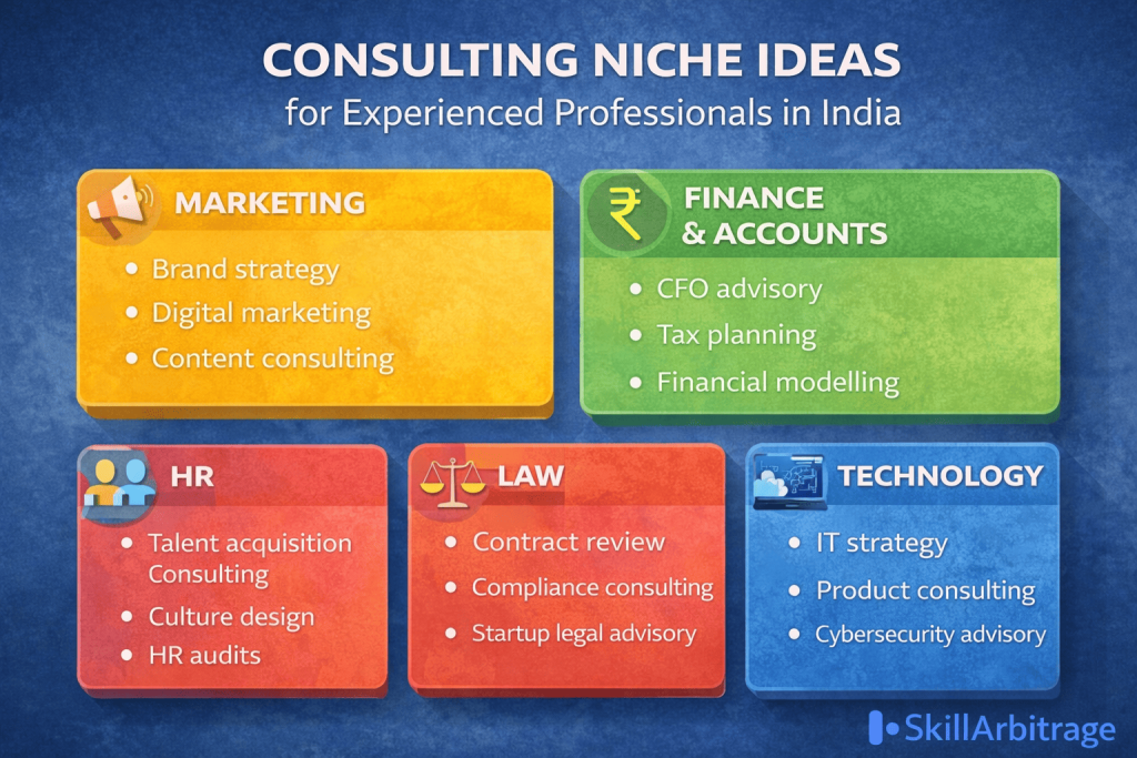 Consulting niche ideas for experienced professionals in India across marketing, finance, HR, law, and technology consulting