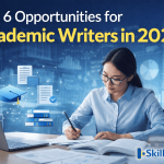 Academic writers creating research content at a desk with books and laptop symbolizing modern academic writing careers.