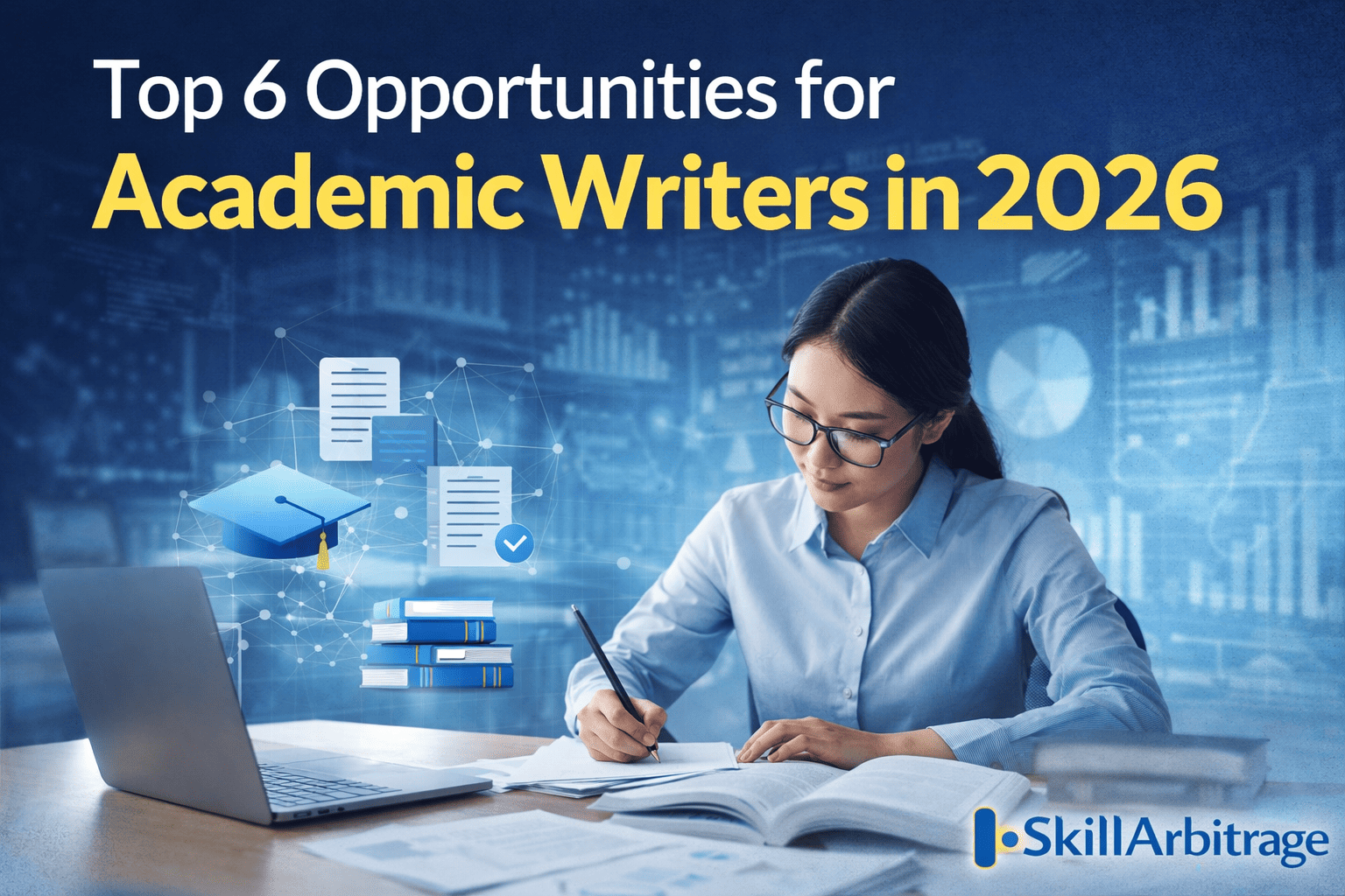 Academic writers creating research content at a desk with books and laptop symbolizing modern academic writing careers.