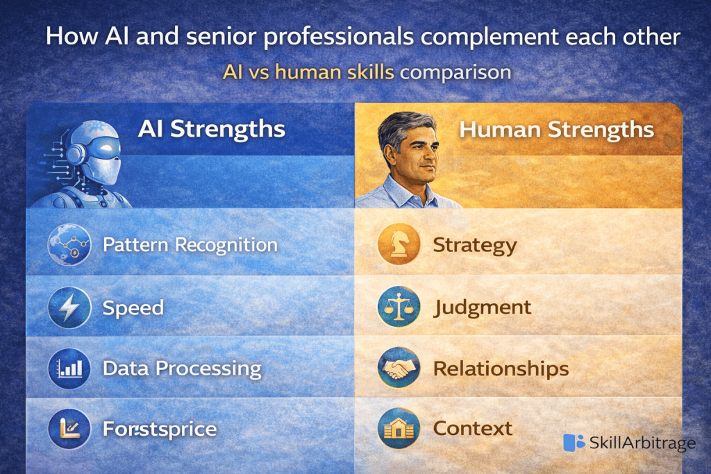 How AI and senior professionals complement each other, AI vs human skills comparison