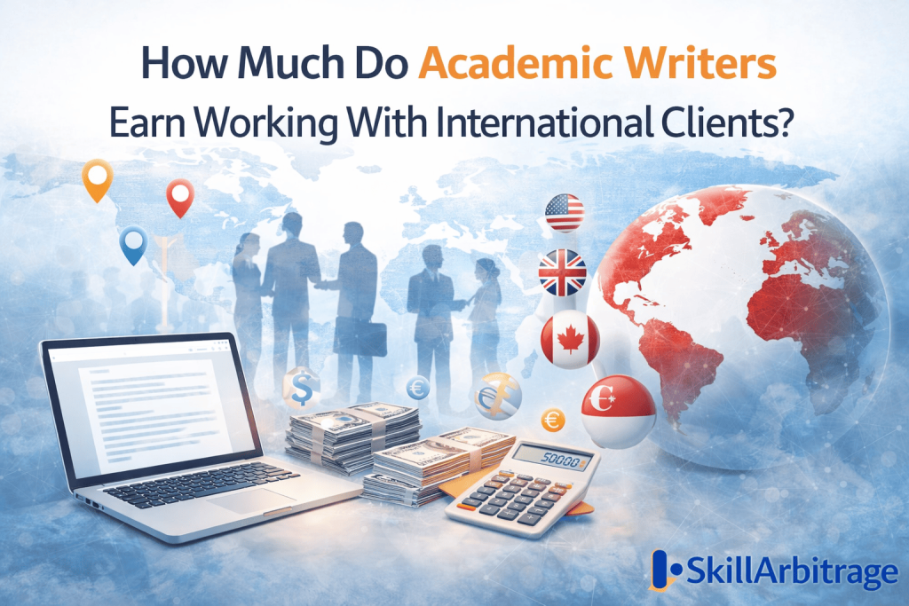 Academic writer working remotely with international clients showing global freelance writing income opportunities.