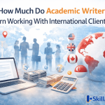 Academic writer working remotely with international clients showing global freelance writing income opportunities.