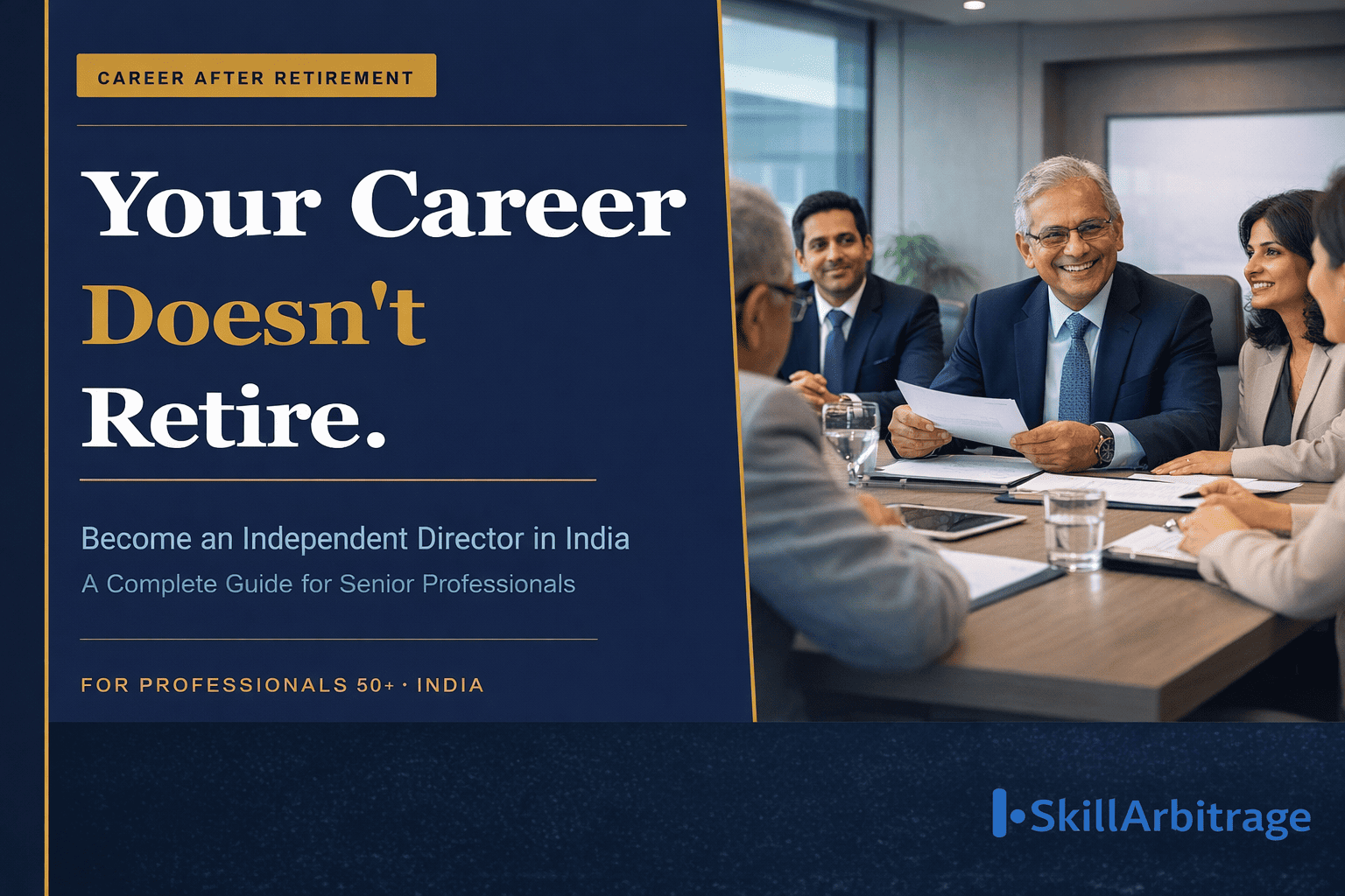 Illustration of senior professionals joining a board meeting, representing how to become an independent director in India after retirement