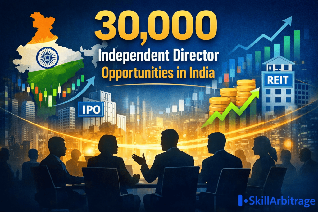 "30,000 Independent Director Opportunities in India highlighted with a golden-yellow bold text. The image includes a map of India in national flag colors, financial symbols like IPO, REIT, stock market trends, gold coins, and business silhouettes in a corporate boardroom, with the SkillArbitrage logo in the bottom right corner."