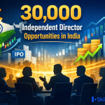 "30,000 Independent Director Opportunities in India highlighted with a golden-yellow bold text. The image includes a map of India in national flag colors, financial symbols like IPO, REIT, stock market trends, gold coins, and business silhouettes in a corporate boardroom, with the SkillArbitrage logo in the bottom right corner."