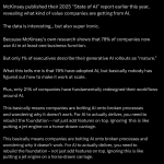 Liam Ottley’s tweet on McKinsey’s 2025 'State of AI' report, highlighting the irony of AI adoption in companies and the need for redesigning workflows in support & operations for successful AI implementation