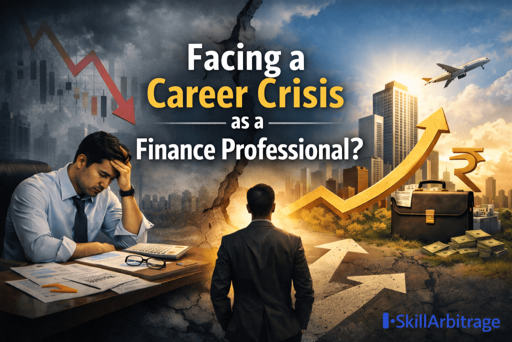 Finance professional facing career crisis, with a stressed individual surrounded by financial struggles on the left, contrasted by a hopeful path to success and growth on the right.