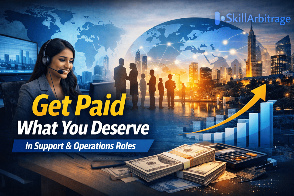 'Get Paid What You Deserve in Support & Operations Roles' with a professional woman working in operations, showcasing global opportunities, career growth, and financial success in the operations sector.