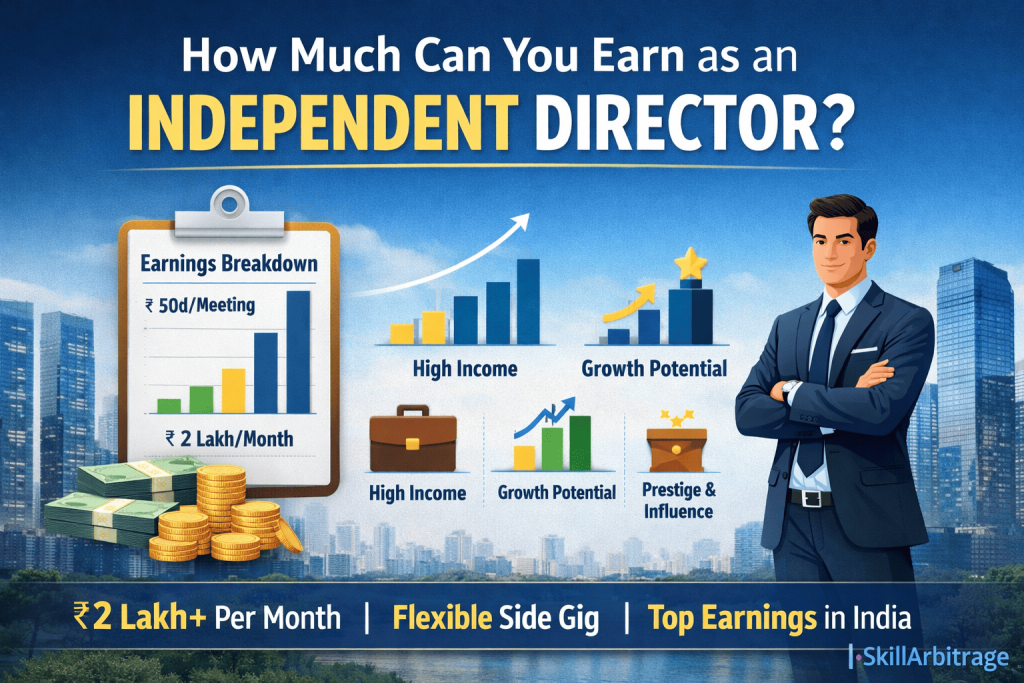 "Infographic showcasing the earnings potential of becoming an Independent Director, with highlighted figures such as ₹50k per meeting, ₹2 Lakh per month, and ₹1 Crore+ annually. The design features a confident businessman, a modern city skyline, and colorful icons illustrating high income, growth potential, and career prestige, with the SkillArbitrage logo displayed in the bottom right corner."