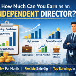 "Infographic showcasing the earnings potential of becoming an Independent Director, with highlighted figures such as ₹50k per meeting, ₹2 Lakh per month, and ₹1 Crore+ annually. The design features a confident businessman, a modern city skyline, and colorful icons illustrating high income, growth potential, and career prestige, with the SkillArbitrage logo displayed in the bottom right corner."