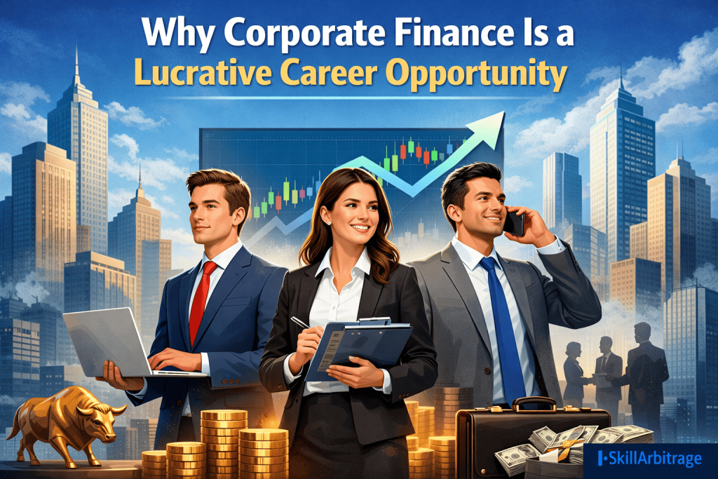 Digital illustration of three professionals in corporate finance, standing in front of a city skyline with skyscrapers and a stock market chart. One professional is using a laptop, another is taking notes, and the third is talking on the phone. The image highlights lucrative career opportunities in corporate finance and investment banking