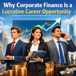 Digital illustration of three professionals in corporate finance, standing in front of a city skyline with skyscrapers and a stock market chart. One professional is using a laptop, another is taking notes, and the third is talking on the phone. The image highlights lucrative career opportunities in corporate finance and investment banking