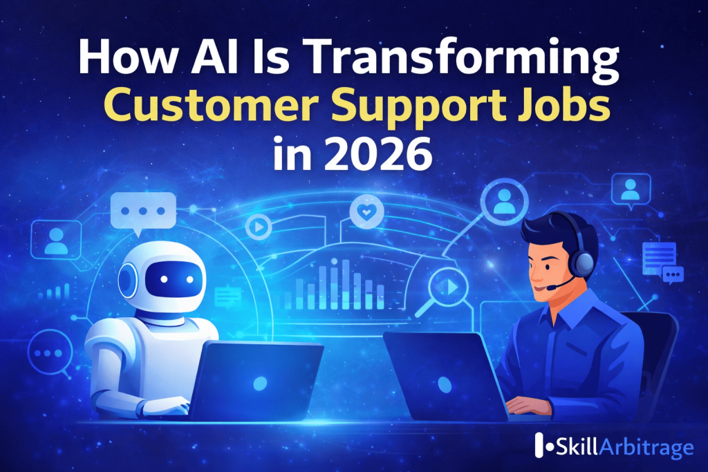 AI-powered customer support transformation in 2026, featuring a robot and human agent collaborating using laptops.