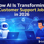 AI-powered customer support transformation in 2026, featuring a robot and human agent collaborating using laptops.