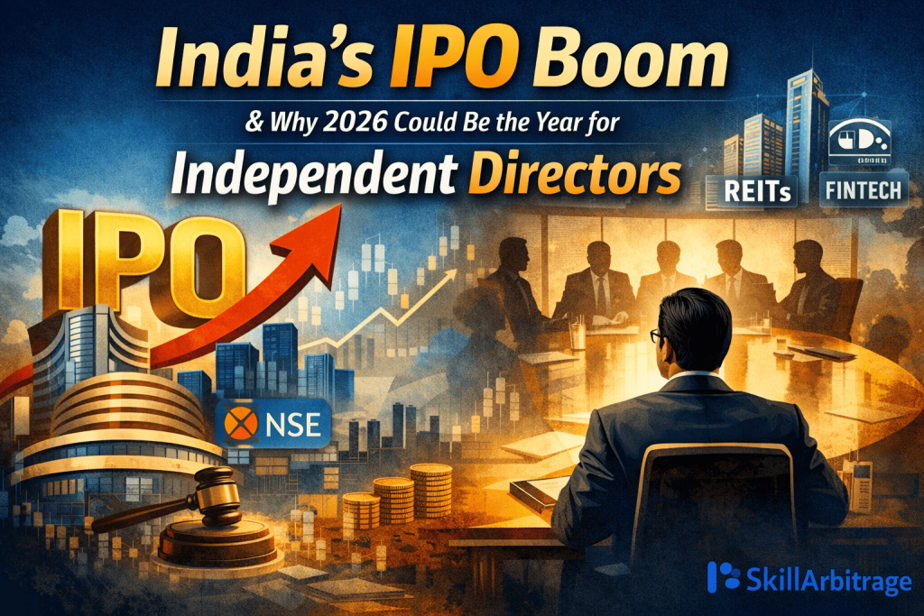 A vibrant digital illustration showcasing India’s booming IPO market and the rising opportunities for independent directors. The image features the bold text 'India’s IPO Boom' with a red arrow pointing upward, financial symbols, and a city skyline. In the foreground, a businessman sits at a boardroom table with shadowed figures across from him. Icons representing REITs and fintech are visible above, while the SkillArbitrage logo appears in the bottom right corner.