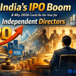 A vibrant digital illustration showcasing India’s booming IPO market and the rising opportunities for independent directors. The image features the bold text 'India’s IPO Boom' with a red arrow pointing upward, financial symbols, and a city skyline. In the foreground, a businessman sits at a boardroom table with shadowed figures across from him. Icons representing REITs and fintech are visible above, while the SkillArbitrage logo appears in the bottom right corner.