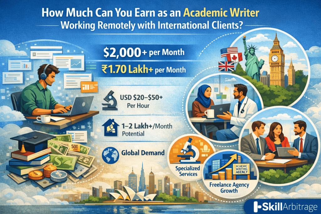 "Infographic showing potential earnings for academic writers working remotely with international clients. The image features income figures like $2,000+ per month and ₹1.70 Lakh+ per month, specialized services, and global demand.