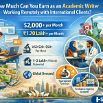 "Infographic showing potential earnings for academic writers working remotely with international clients. The image features income figures like $2,000+ per month and ₹1.70 Lakh+ per month, specialized services, and global demand.