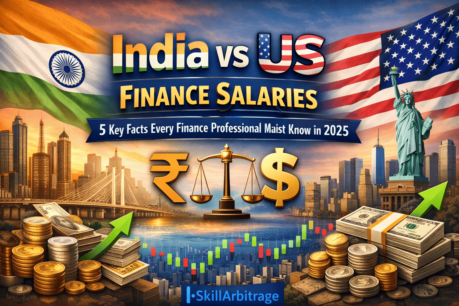 India vs US Finance Salaries comparison 2025 – infographic showing salary gap, currency symbols, financial growth chart, and Indian professional working remotely for US companies