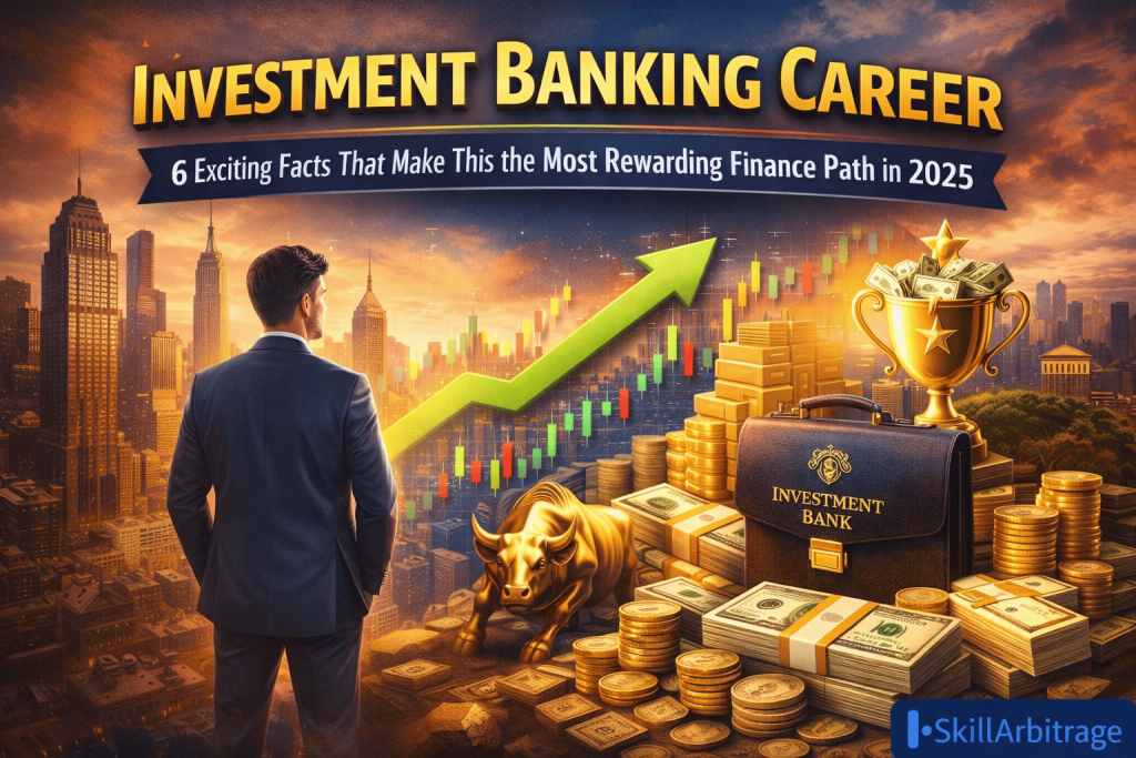 Investment banking career in 2025 — professional analyzing financial growth with stock charts, wealth symbols, and deal-making environment