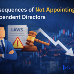 Illustration showing the consequences of not appointing independent directors, featuring a gavel, legal document, warning sign, and declining stock market graph, with a professional figure in a suit.