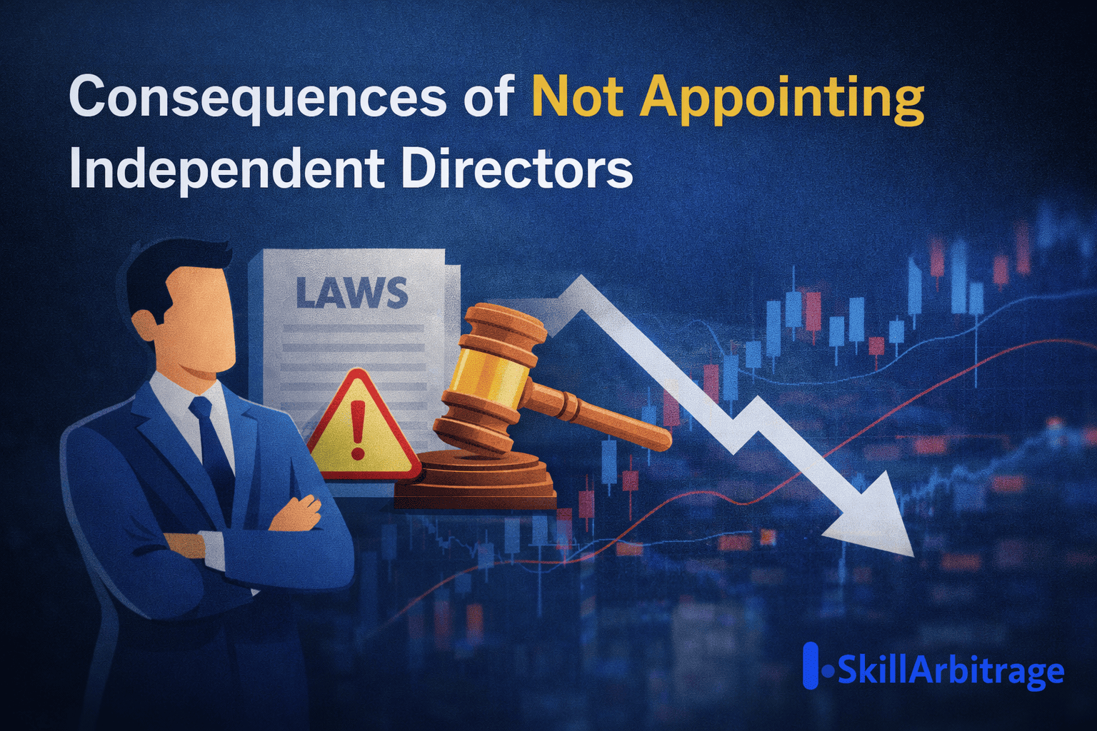 Illustration showing the consequences of not appointing independent directors, featuring a gavel, legal document, warning sign, and declining stock market graph, with a professional figure in a suit.