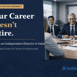 A professional meeting scene with senior professionals gathered around a table, discussing business opportunities. The text on the left reads 'Your Career Doesn't Retire' with a call to action to become an Independent Director in India. The design promotes a guide for senior professionals.