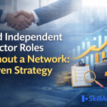 A professional handshake with a background of upward trending financial graphs, coins, and business tools like a clipboard and magnifying glass, symbolizing success in securing an independent director role, with the SkillArbitrage logo at the bottom right