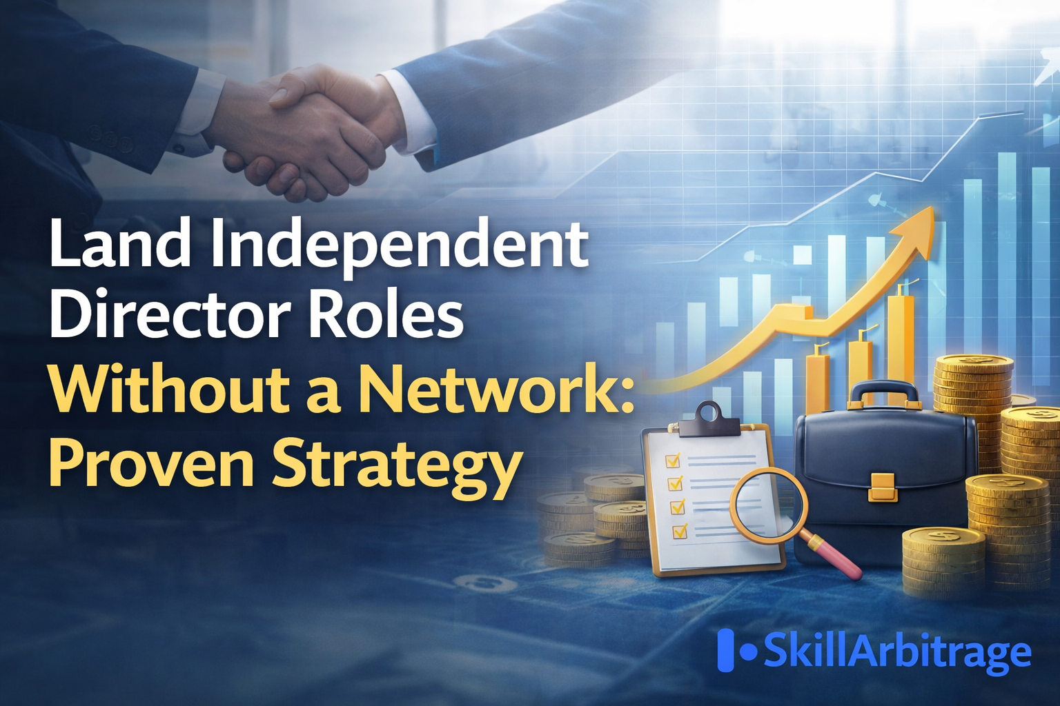 A professional handshake with a background of upward trending financial graphs, coins, and business tools like a clipboard and magnifying glass, symbolizing success in securing an independent director role, with the SkillArbitrage logo at the bottom right