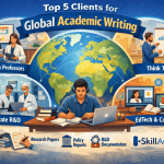 Infographic displaying the top 5 clients for global academic writing with icons for each category