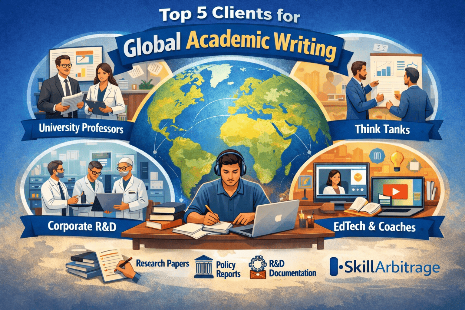 Infographic displaying the top 5 clients for global academic writing with icons for each category