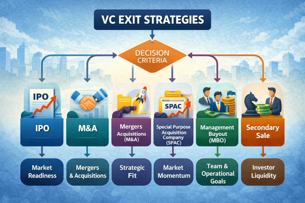 Venture capital exit strategy flowchart showing IPO, M&A, SPAC, MBO, and secondary sale routes