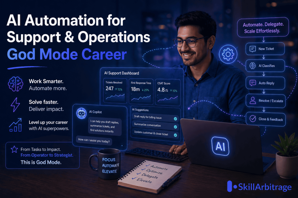Learn AI automation for support & ops jobs. Build chatbots, dashboards & workflows that land ₹15–25 LPA roles or remote $2K–4K/month gigs.