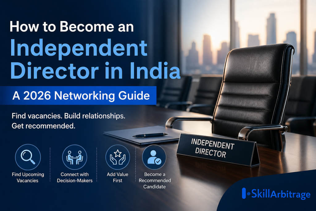 Modern corporate boardroom scene with a prominent empty chair labeled “Independent Director,” city skyline in the background, and bold text reading “How to Become an Independent Director in India – A 2026 Networking Guide,” with the SkillArbitrage logo in the bottom right corner.