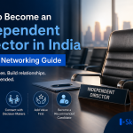 Modern corporate boardroom scene with a prominent empty chair labeled “Independent Director,” city skyline in the background, and bold text reading “How to Become an Independent Director in India – A 2026 Networking Guide,” with the SkillArbitrage logo in the bottom right corner.